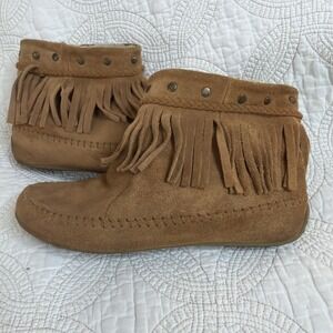 Lucky Brand Suede Fringe Moccasin Booties Fur Lined Sz 9 Festival Comfort